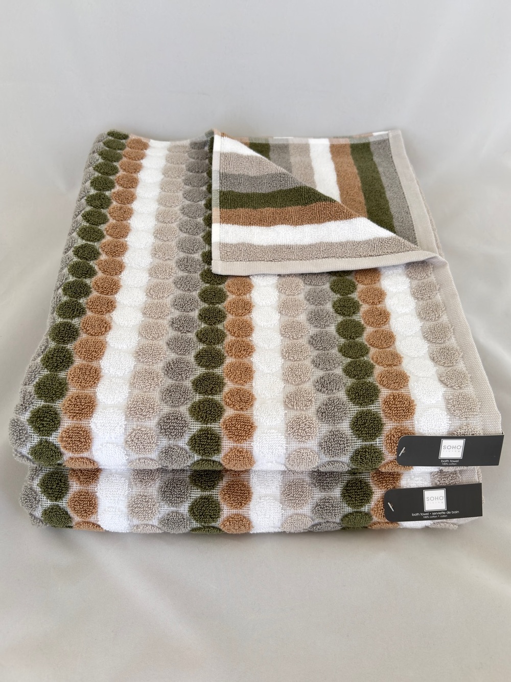 NWT Soho Living 2Pc Cotton Retro Earth Tone Polka Dot Striped Fall Bath Towels